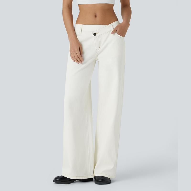 Low Rise Zipper Pockets Baggy Wide Leg Washed Casual Jeans