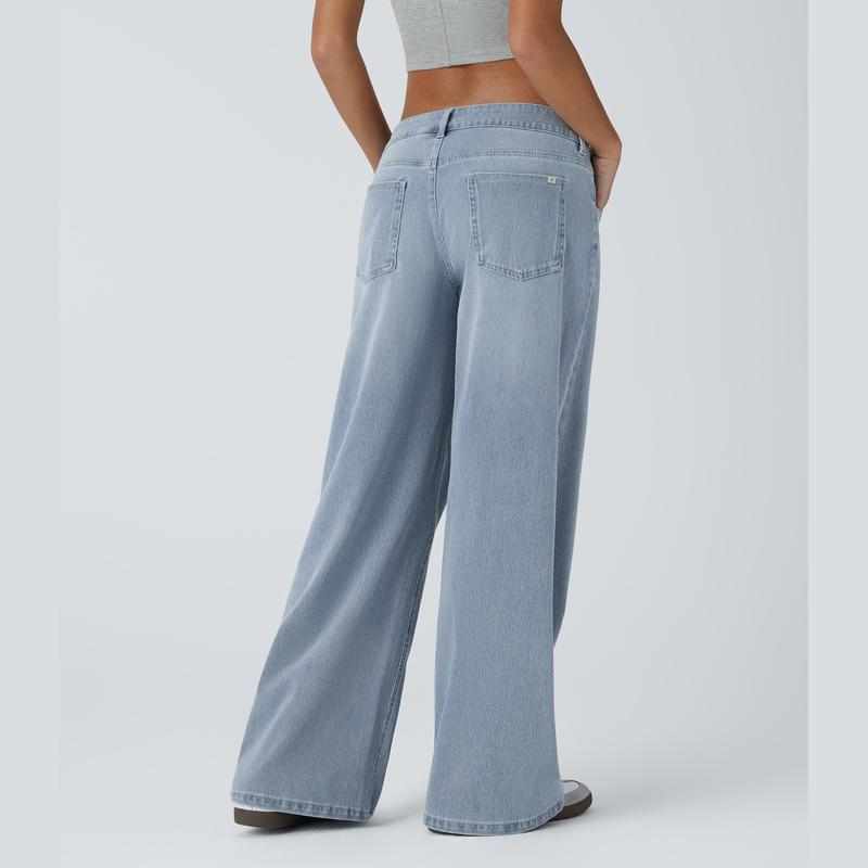 Low Rise Zipper Pockets Baggy Wide Leg Washed Casual Jeans