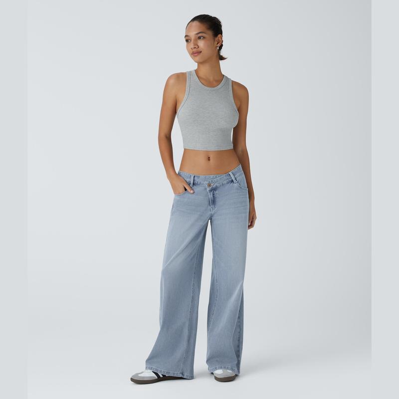Low Rise Zipper Pockets Baggy Wide Leg Washed Casual Jeans