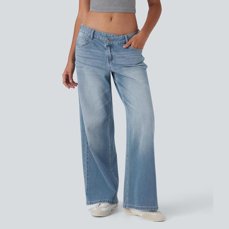 Low Rise Zipper Pockets Baggy Wide Leg Washed Casual Jeans