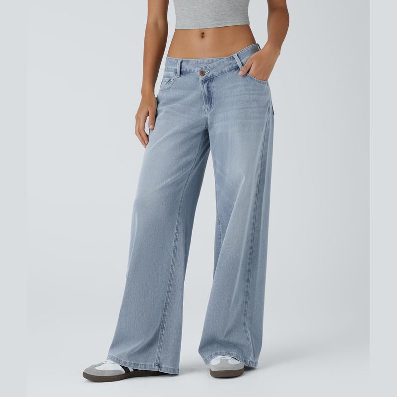 Low Rise Zipper Pockets Baggy Wide Leg Washed Casual Jeans
