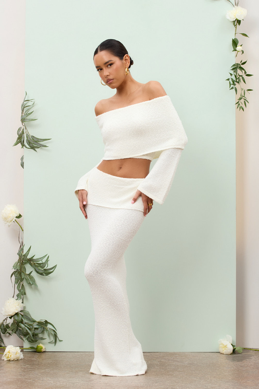 Celinne – Bouclé co-ord set with bardot detail