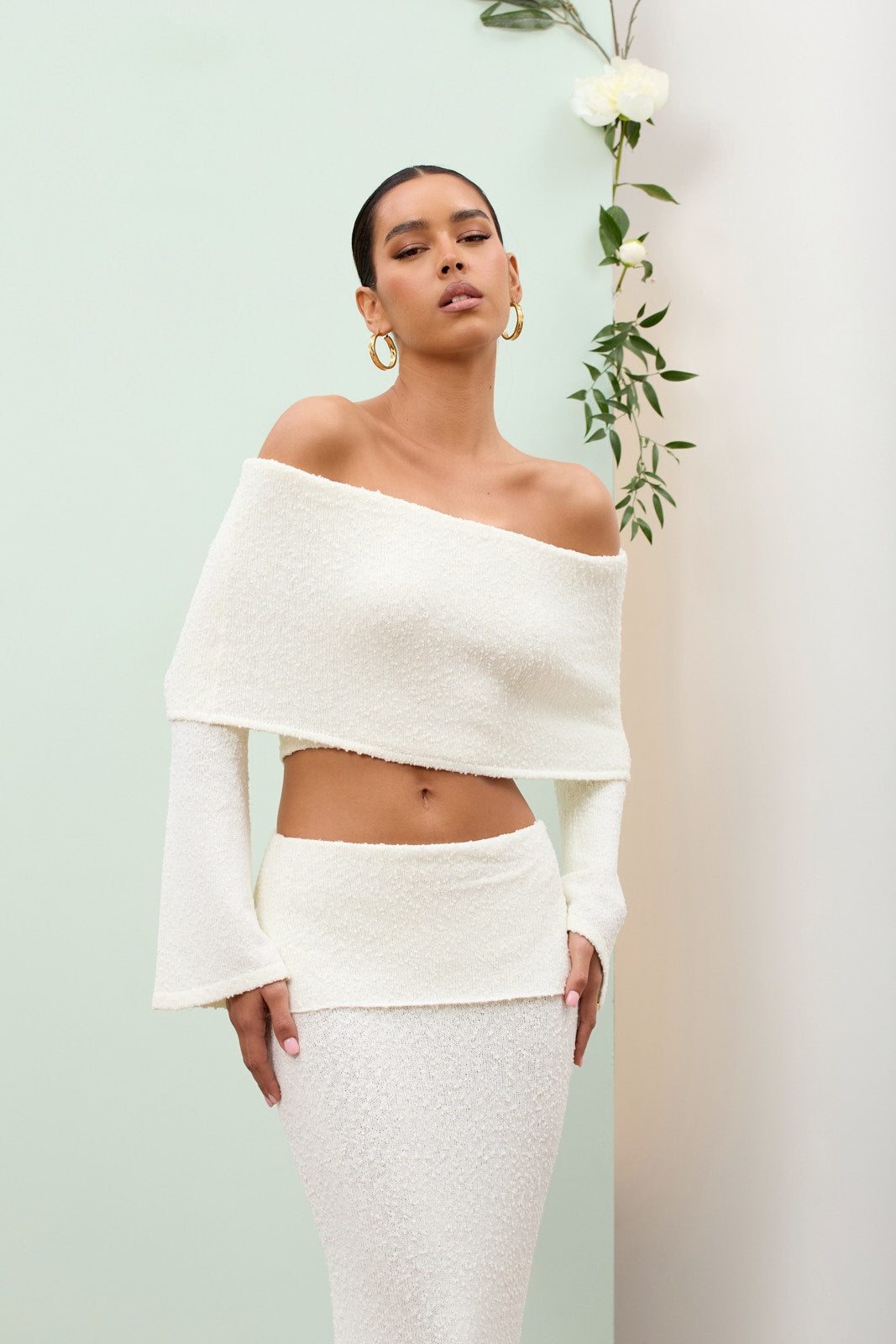 Celinne – Bouclé co-ord set with bardot detail