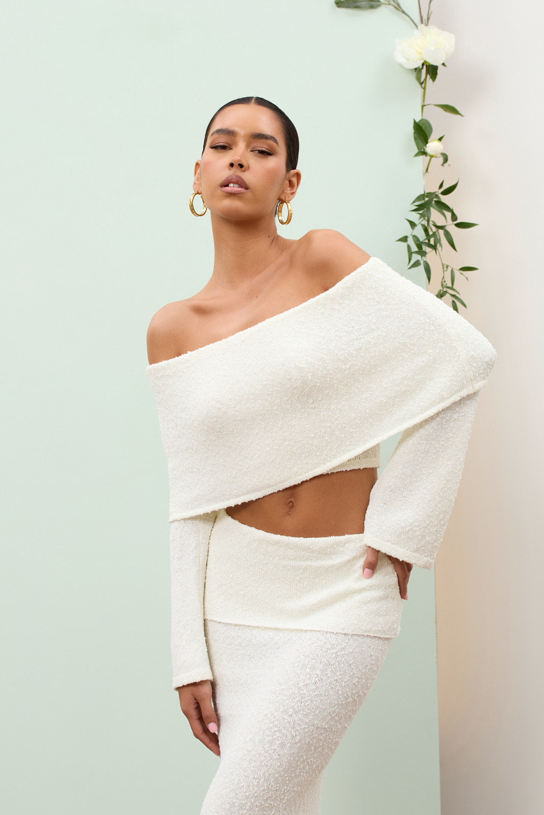 Celinne – Bouclé co-ord set with bardot detail