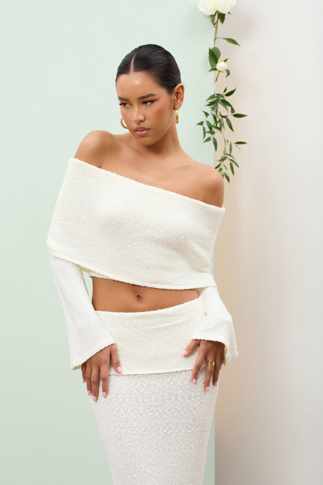 Celinne – Bouclé co-ord set with bardot detail