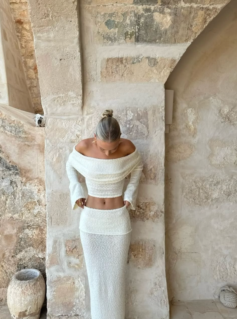 Celinne – Bouclé co-ord set with bardot detail
