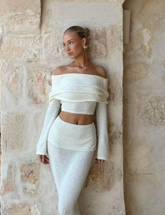 Celinne – Bouclé co-ord set with bardot detail