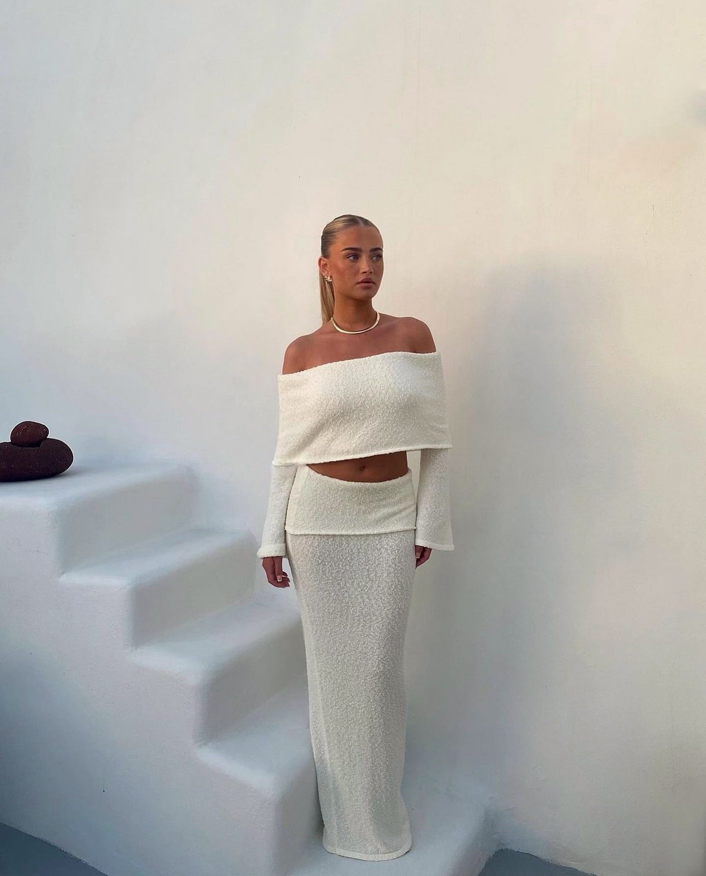 Celinne – Bouclé co-ord set with bardot detail