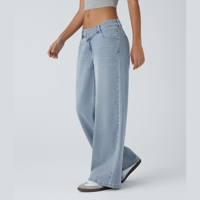 Low Rise Zipper Pockets Baggy Wide Leg Washed Casual Jeans