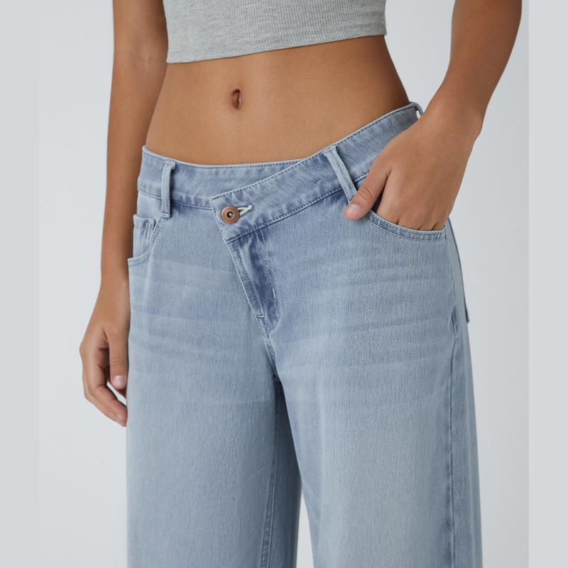 Low Rise Zipper Pockets Baggy Wide Leg Washed Casual Jeans