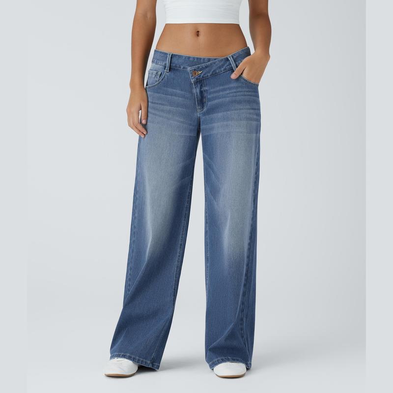 Low Rise Zipper Pockets Baggy Wide Leg Washed Casual Jeans