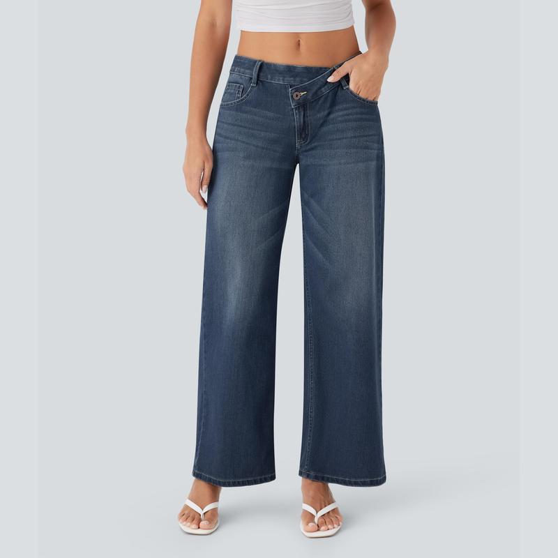 Low Rise Zipper Pockets Baggy Wide Leg Washed Casual Jeans