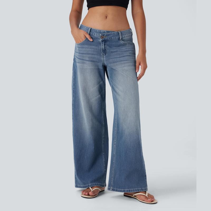 Low Rise Zipper Pockets Baggy Wide Leg Washed Casual Jeans