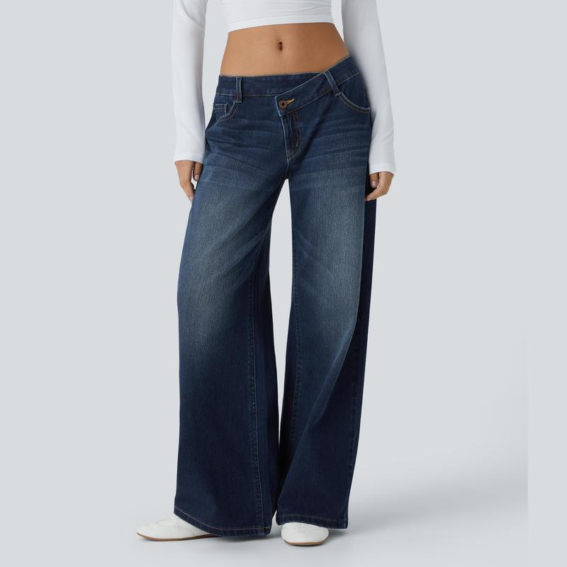 Low Rise Zipper Pockets Baggy Wide Leg Washed Casual Jeans
