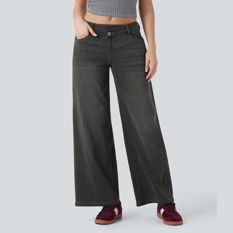 Low Rise Zipper Pockets Baggy Wide Leg Washed Casual Jeans