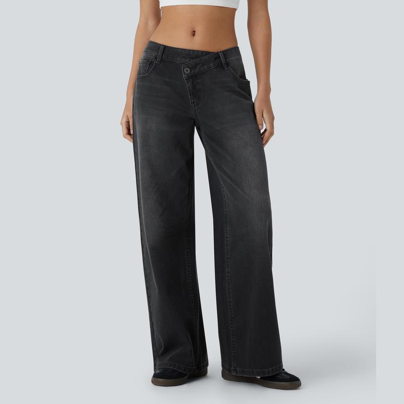 Low Rise Zipper Pockets Baggy Wide Leg Washed Casual Jeans